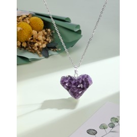 GEHECRST Women's Amethyst Druze Necklace with Amethyst Heart Pendant Crystal Chain Natural Crystal Cluster Pendant Healing Stones Pendant Lucky Charm Jewellery for Women Girls, Gemstone