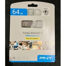 PNY 64GB Turbo Attache 3 USB 3.2 Flash Drive 100 Megabytes Per Second, Grey
