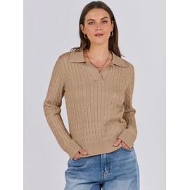 ANRABESS Womens Cable Knit Sweaters Long Sleeve V Neck Sweater Tops Casual Pullover Polo Shirts 2024 Fall Fashion Outfits Khaki M