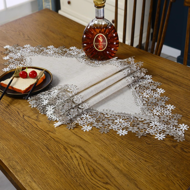 Q'foo Lace Table Runner, Embroidery, Center Cross, Scandinavian Floral Pattern,