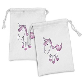 Ambesonne Unicorn Party Fabric Pouch Set of 2, Simplistic Themed Graphic of Animal Art Magic Horse, Small Drawstring Bag for Toiletries Masks and Favors, 9" x 6", White Pink