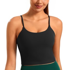 Workout Tops for Women Padded Yoga Athletic Crop Tank Top with Built in Bra Spaghetti Straps Longline Sports Bra Black