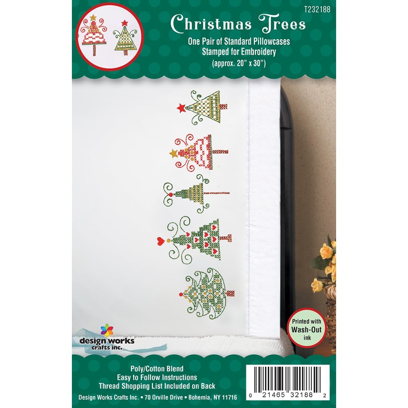 Tobin Stamped Pillowcases, Christmas Trees, 20" x 30" Embroidery Kit,