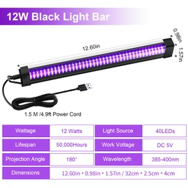 PIZHLO 3 Pcs Black Light Bar, 12W 1ft USB Blacklight Strip Light for Glow Party, Magnetic Black Light Strip Tube, Portable LED Black Light for Fluorescent Tapestry Poster Body Paint Christmas Cabinet