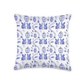 Preppy Blue & White Toile French Bulldogs, Frenchie Throw Pillow