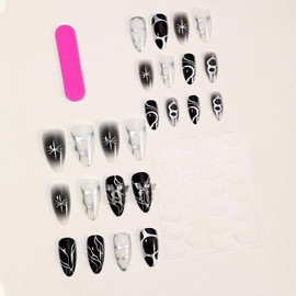 Ombre Black Press on Nails Long Almond False Nails with 5D Butterfly Charm Design White Curve Fake Nails Rhinestone Star Glue on Nails Glossy Summer Goth Stick on Nails for Women Girls Manicure 24Pcs