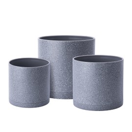 6.5 Inch 8 Inch 10 Inch, Set of 3 Plastic Planter Pots for Plants with Drainage Hole and Seamless Saucers, Speckled Gray Color, Large, 74-ES-L-6