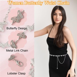 GEEHUA Women Butterfly Waist Chain Belt, Alloy Rhinestone Waist Belt Ladies Dress Belt Fashion Link Chain Belt for Girl Women(Silver)