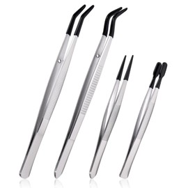 LEONTOOL Pinzetten mit Gummispitzen, gerade, flache Spitze, lang, gebogen, gummiert, rutschfest, für Stempel, Aufkleber, Schmuck, Perlen, Handwerk, industrielle Elektronik, Edelstahl, 4-teilig