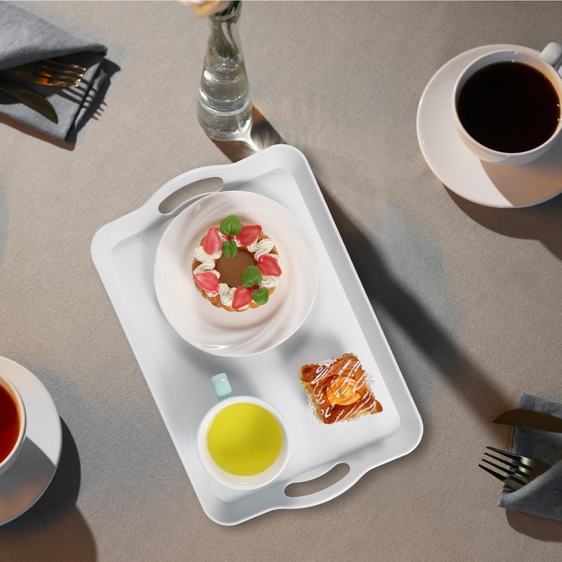 2 Pack Melamine Serving Trays with Handles, Large White Rectangular