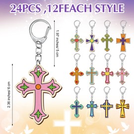 Yuntau 24 Pcs Religious Cross Keychain Crafts Color Your Own Wood Keychains DIY Christian Coloring Keychain Gifts Blank Unfinished Cross Keychains Kits for Religious Sunday School Classroom Activities