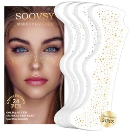 SOOVSY 24pcs Gold and Silver Glitter Freckles, Face and Body Cosmetic Sparkles, Glow Up Makeup Patches, Face Glitter Makeup Speckles, Waterproof Long Lasting, Makeup Accessories for Women(24pcs Gold Silver)