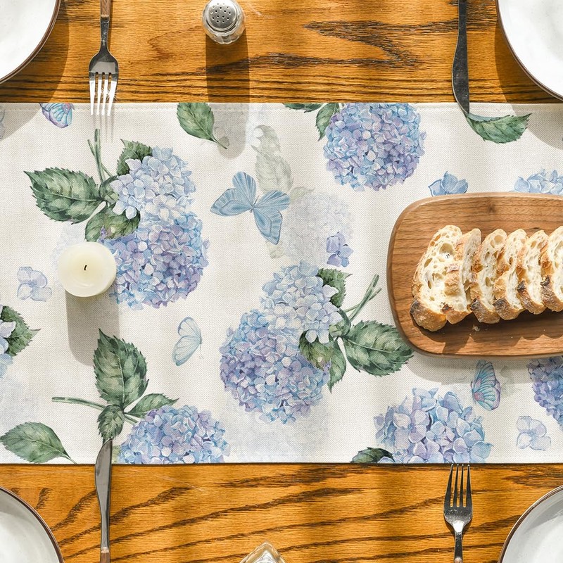 Artoid Mode Hydrangea Butterfly Summer Table Runner, Seasonal Spring Holiday