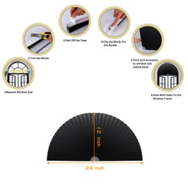 Arch Window Shade Curtains Half Circle Moon Pleated Fabric Blinds Semi Circle Temporary Light Filtering Pleated Paper Shades Half Round Window Covering Easy to Cut and Install (1, Black, 24x12 Inches)