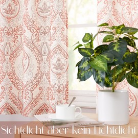 TOPICK Net Curtain, Linen Curtain, Vintage Bistro Curtain, Country House Style, Flowers, Printed Curtain, Opaque Curtain for Kitchen, Living Room, Country House, Set of 2, Red on Beige, 65 W x 90 H