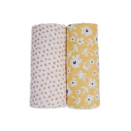 Lulujo Boho Swaddle Set, Cotton Muslin Blankets, 2 Pack (Yellow Wildflowers & Dots)
