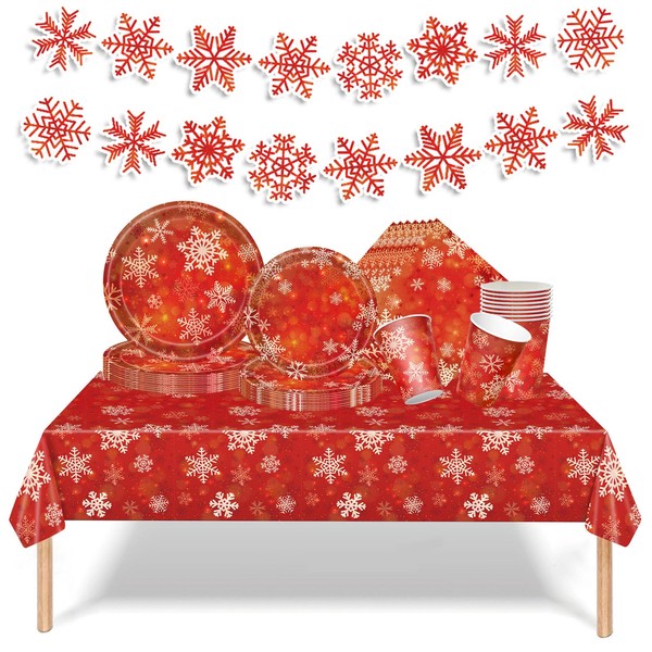 70pcs Christmas Party Tableware Set,Red Snowflower Christmas Disposable Plates Napkins