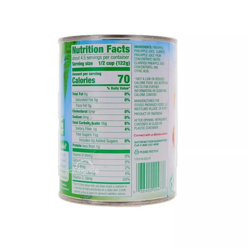 Dole Pineapple Chunks in 100% Pineapple Juice, Canned 20 oz