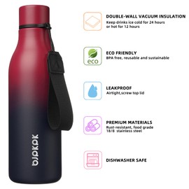 BJPKPK Insulated Water Bottles, 18 oz Stainless Steel Metal Water Bottle with Strap, BPA Free Leak Proof Thermos, Mugs, Flasks, Reusable Water Bottle for Sports & Travel, Charming Black Red