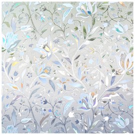 DOWELL Window Privacy Film, 3D Stained Glass Rainbow Window Decals, Decorative Window Vinyl Sun Blocker Door Covering, Static Cling Non-Adhesive Window Sticker for Home, Blooming Flowers, 17.5"x78.7"