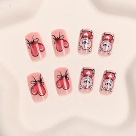 Valentine's Day Press on Nail Short Sqaure Heart Fake Nail French Acrylic Nails Glue Stick on Nail Tip for Valentine's Day Daily Wear-24pcs Heart False Nail (8-medium sqaure red bear)
