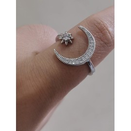 Cutedoumiao Silver Opening Ring Crescent Shape Rhinestone Finger Band Half Moon Sun Star Artificial Diamond Inlay Engagement Ring