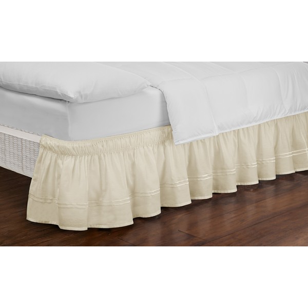 Easy Fit Embroidered Bed Skirt - Baratta Wrap Around Easy On/Off Dust Ruffle 18-Inch Drop Bedskirt, Queen/King, Ivory
