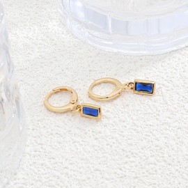 Rectangular Birthstone Small Hoop Earrings for Women 14K Gold Geometric Crystal Huggie Dangle Earrings Rectangle Birthstone Drop Earring Charm Jewelry (Blue)