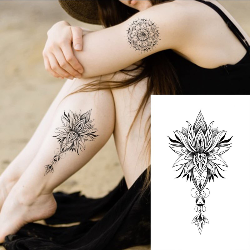 32Sheets Women Temporary Tattoo Sticker,Henna Feather Mandala Datura Flowers Temp