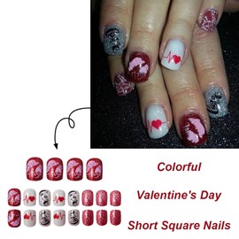 Valentine's Day Press on Nails Short Square EKG Love Heart False Nails Lip Pattern Design Valentine's Day Nails Press Ons Holiday Glue on Nails Glossy Acrylic Coffin Nails Stick on Nails for Women