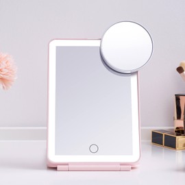 LED Foldable Travel Makeup Mirror - 5x6 inches3 Colors Light Modes USB Rechargeable Touch Screen, Portable Tabletop Cosmetic Mirror for Travel, Cosmetic, Office (Pink)