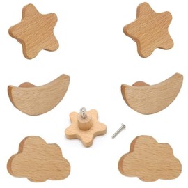 MHwan Cabinet Knobs, Pack of 6 Large Solid Wood Drawer Knobs, Children, Stars, Moon, Clouds Knob for Cupboard, Furniture Knobs, Children, Natural Decoration, Furniture Knob and Cabinet Door Knobs