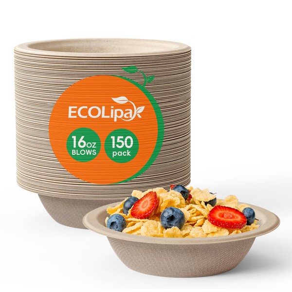 ECOLipak 150 Pack Compostable Paper Bowls, 16 oz Disposable Bowls, Biodegradable Soup Bowls Made of Natural Bagasse,Eco Friendly Sugarcane Bowls for Salad Dessert(Nature)