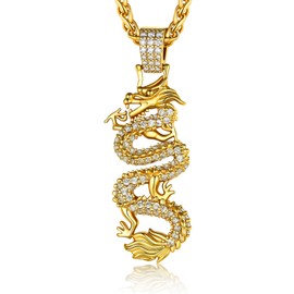 Bling Dragon Necklace For Women, Gold Chinese Dragon Pendant Necklace Men Mascot Lucky Charm Necklace Hiphop Jewelry