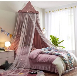 HUOQOU Bed Canopy for Girl Double Layer Princess Round Dome Children Dreaming Mosquito Net Bed Linen Girls Room Castle Play Tent Hanging House Decor Reading Corner Canopies(Bean Paste Red/White)