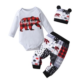 Newborn Baby Boy Clothes Infant Letter Cartoon Bear Print Romper Pants Hat 3PCS Outfit Set White 0-3 Months