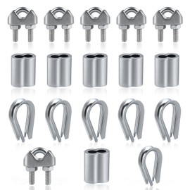 GOLD DEER 18Pcs M4 Wire Rope Accessory Set M4 Stainless Steel Wire Rope Cable Clip Clamp M4 Stainless Steel Thimble M4 Aluminum Crimping Loop Sleeve for 3/16 Inch Wire Rope Cable (Each 6Pcs)