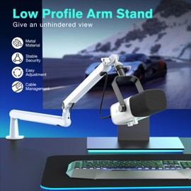 FIFINE Boom Arm Mic Stand, Low Profile Microphone Arm Stand, Podcast Mic Boom Arm with Desk Mount, Cable Channels Management, Metal Boom Arm White for Recording/Streaming/Gaming/Home Office-BM88W