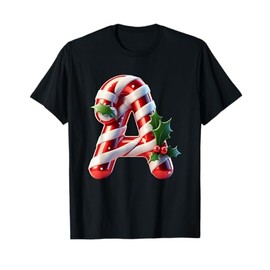 Festive Candy Cane Letter A Holly Design T-Shirt