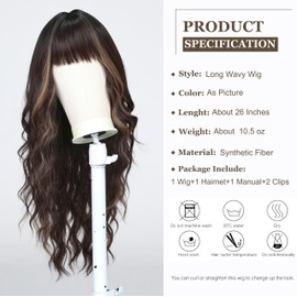 Esmee Long Wavy Brown with Highlight Wigs for Women with Fringe, Natural Synthetic Hair Wig for Daily and Party Use