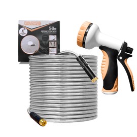 Floral Drip Garden Hose 100 FT, Metal Stainless Steel Water Hose with 10 Function Nozzles, No Kinks, Flexible Hose, Lightweight, Puncture Proof, Heavy Duty Hose for Yard and Outdoor