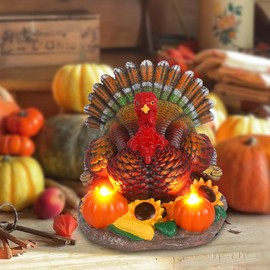 JJALIGHTS Thanksgiving Turkey Decorations Indoor Resin Turkey Figurines with 2 Pumpkin Electric Candlesticks Fall Harvest Table Decor for Home Office Shelf Kitchen - Thanksgiving Autumn Gift