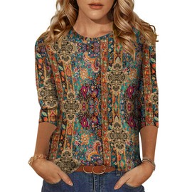 Zeagoo Tops For Women's Crew Neck 3/4 Sleeve Loose Fit Boho Casual Blouse Summer Fall Fashion Tunic Tops 2025 Boho Print