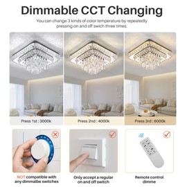 Miuyhji Elegant LED Crystal Raindrop Ceiling Light,18in Square Flush Mount Chandelier with Remote for Living Room Kitchen Island Bedroom Hallway Entryway Foyer (Dimmable)