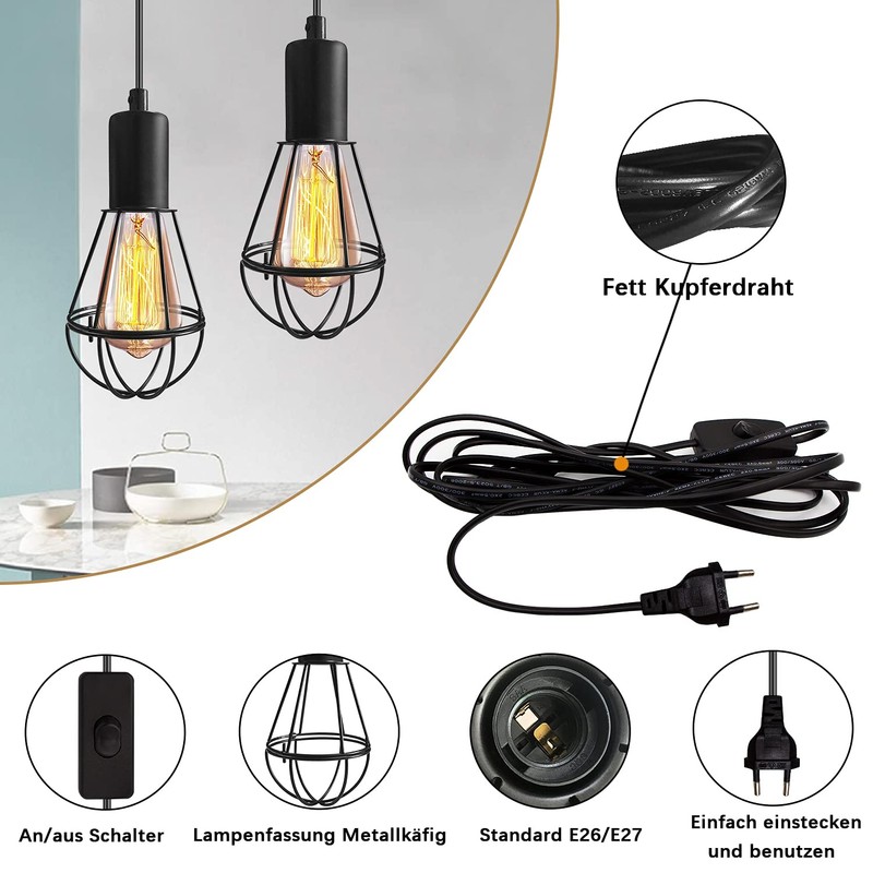 Industrial Lamp with Plug Metal Pendant Light Kit with Switch