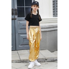 Betusline Girls Clothes 2 Piece Set, Black Cute Short Sleeve Crop Tops + Light Gold Cargo Jogger Pants Clothes, 9-10 Years = Tag 150