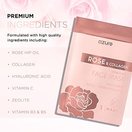 AZURE - Mascarilla facial hidratante de rosa y colágeno – Máscara facial tonificante, levanta e hidrata profundamente – Reduce las líneas finas y arrugas, reduce los signos de envejecimiento y parches secos – Cuidado de la piel fabricado en Corea – Paquete de 5