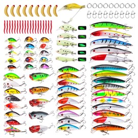 TSKS 105pcs/set Fishing Artificial Lures Kit Mixed with Front Diving Fin Minnow Surface Popper Crank Baits Pencil VIB with Hook and Soft Lures Accessories for Saltwater Freshwater Trout Bass Tackle