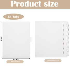 Yeaqee 1 Set 1-50 Numbered Tab Dividers Un-Punched 8.5 x 11 Inch White Paper Binder Index Dividers with Number Tabs for Office Documents Files Letter Size