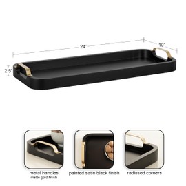 Kate and Laurel Farson Modern Decorative Wood Rectangle Tray with Handles; 10 x 24; Black and Gold; Transitional Rectangular Tray for Use as Entryway Tray Decor or Ottoman Serving Tray